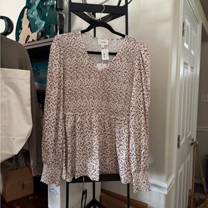 Floral V-Neck Blouse in Cream and Brown